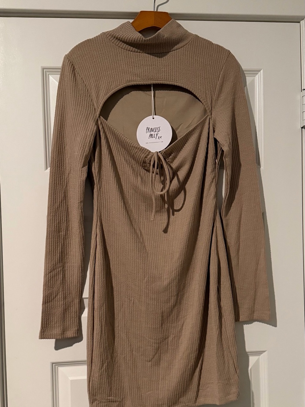 Princess Polly Beige Ribbed Cutout Long-Sleeve ‘Joanna’ Dress Size 10